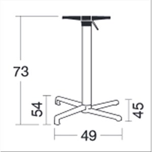 BASAMENTO DOMINO - MOD. 5160 - BASE A 4 PIEDI IN ALLUMINIO PRESSOFUSO - 4 PIEDINI REGOLATORI - COLONNA QUADRATA IN ALLUMINIO CON ANGOLI ARROTONDATI - STAFFE DI FISSAGGIO AL PIANO IN ALLUMINIO PRESSOFUSO - PIANO RIBALATBILE CON MANIGLIA PER FACILITARE L'ALLINEAMNETO DI PIU' TAVOLI - TOP MAX ø cm 80 O cm 80x80 - PER USO INTERNO/ESTERNO - DIM. cm L 49 x P 45/54 x H 73 - NORMA CE