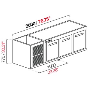 CELLA DA INCASSO BAR REFRIGERATA - MOD. CIR770/TN200 - Temperatura TN +4°C/+8°C - L. 200 cm - CON UNITA' CONDENSATRICE INCORPORATA