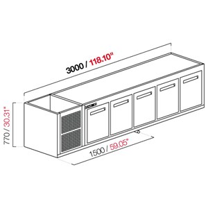 CELLA DA INCASSO BAR REFRIGERATA - MOD. CIR770/TN300 - Temperatura TN +4°C/+8°C - L. 300 cm - CON UNITA' CONDENSATRICE INCORPORATA