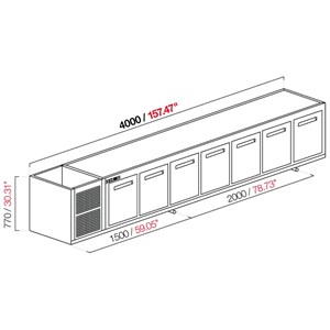 CELLA DA INCASSO BAR REFRIGERATA - MOD. CIR770/TN400 - Temperatura TN +4°C/+8°C - L. 400 cm - CON UNITA' CONDENSATRICE INCORPORATA