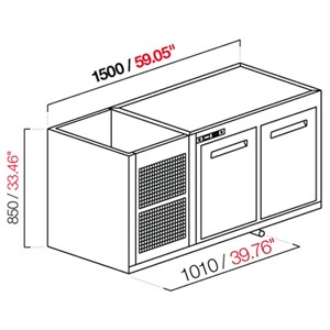 CELLA DA INCASSO BAR REFRIGERATA - MOD. CIR850/TN150 - Temperatura TN +4°C/+8°C - L. 150 cm - CON UNITA' CONDENSATRICE INCORPORATA