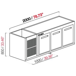 CELLA DA INCASSO BAR REFRIGERATA - MOD. CIR850/TN200 - Temperatura TN +4°C/+8°C - L. 200 cm - CON UNITA' CONDENSATRICE INCORPORATA