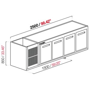 CELLA DA INCASSO BAR REFRIGERATA - MOD. CIR850/TN250 - Temperatura TN +4°C/+8°C - L. 250 cm - CON UNITA' CONDENSATRICE INCORPORATA