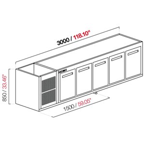 CELLA DA INCASSO BAR REFRIGERATA - MOD. CIR850/TN300 - Temperatura TN +4°C/+8°C - L. 300 cm - CON UNITA' CONDENSATRICE INCORPORATA