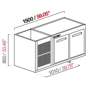 CELLA DA INCASSO BAR REFRIGERATA - MOD. CIR850/BT150 - Temperatura BT -18°C/-20°C - L. 150 cm - CON UNITA' CONDENSATRICE INCORPORATA