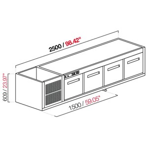 CELLA DA INCASSO BAR REFRIGERATA - MOD. CIR609/TN250 - Temperatura TN +4°C/+8°C - L. 250 cm - CON UNITA' CONDENSATRICE INCORPORATA - REFRIGERAZIONE STATICA - POTENZA W 468 - CAPACITA' CELLA lt 663