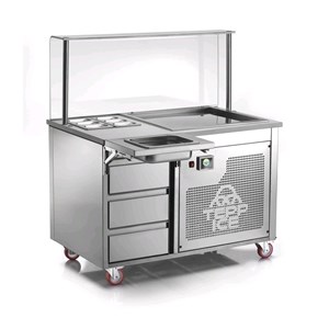 MACCHINA CARRELLATA CON PIASTRA REFRIGERATA - MOD. VRLEG1200 - PER GELATO SPATOLATO - PIANO DI LAVORO IN GRANITO CON N. 6 GN 1/9 - CASSETTIERA 3 CASSETTI - TEMPERATURA MAX DI LAVORO -38°C - ALIMENTAZIONE MONOFASE - POTENZA Kw 1,23 - DIMENSIONI PIASTRA cm 61 x 56 - DIMENSIONI ESTERNE cm L 120 x P 75 x 85/135h