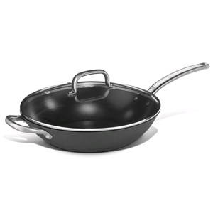 WOK CON COPERCHIO IN VETRO IN FERRO ULTRALEGGERO - ADATTA PER COTTURA AD INDUZIONE - ANTIADERENTE - DIMENSIONI ø cm. 32 x 8 h