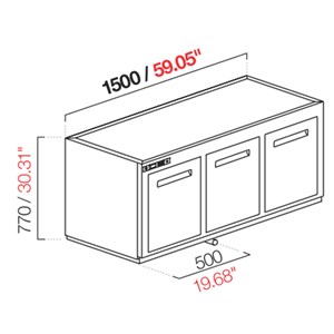 CELLA DA INCASSO BAR REFRIGERATA - MOD. CIR770/TN150 NUC - Temperatura TN +4°C/+8°C - L. 150 cm - SENZA UNITA' CONDENSATRICE