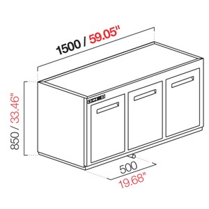 CELLA DA INCASSO BAR REFRIGERATA - MOD. CIR850/BT150 NUC - Temperatura BT -18°C - L. 150 cm - SENZA UNITA' CONDENSATRICE