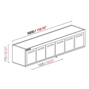 CELLA DA INCASSO BAR REFRIGERATA - MOD. CIR770/TN300 NUC - Temperatura TN +4°C/+8°C - L. 300 cm - SENZA UNITA' CONDENSATRICE