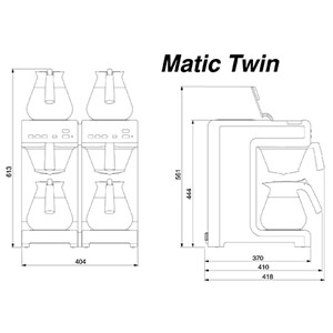 MACCHINA CAFFE' IN ACCIAIO INOSSIDABILE - MOD. MATIC TWIN M - N. 4 PIASTRE CALDE - N. 2 SISTEMI DI INFUSIONE - PRODUZIONE ORARIA Lt. 24 - TEMPO PREPARAZIONE 7 MINUTI OGNI DUE TERMOS - POTENZA W 3460 - DIMENSIONI mm. L 404 x P 406 x 446 h