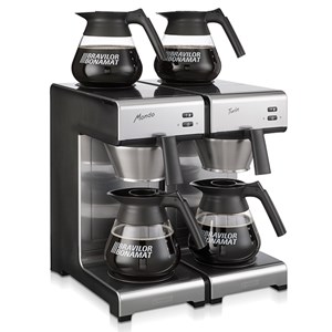 MACCHINA CAFFE' IN ACCIAIO INOSSIDABILE - MOD. MONDO TWIN M - N. 4 PIASTRE CALDE - N. 2 SISTEMI DI INFUSIONE - PRODUZIONE ORARIA Lt. 28 - TEMPO PREPARAZIONE 6 MINUTI OGNI DUE TERMOS - POTENZA W 3460 - DIMENSIONI mm. L 404 x P 406 x 446 h