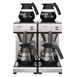 MACCHINA CAFFE' IN ACCIAIO INOSSIDABILE - MOD. MONDO TWIN M - N. 4 PIASTRE CALDE - N. 2 SISTEMI DI INFUSIONE - PRODUZIONE ORARIA Lt. 28 - TEMPO PREPARAZIONE 6 MINUTI OGNI DUE TERMOS - POTENZA W 3460 - DIMENSIONI mm. L 404 x P 406 x 446 h