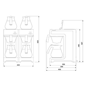 MACCHINA CAFFE' IN ACCIAIO INOSSIDABILE - MOD. MONDO TWIN M - N. 4 PIASTRE CALDE - N. 2 SISTEMI DI INFUSIONE - PRODUZIONE ORARIA Lt. 28 - TEMPO PREPARAZIONE 6 MINUTI OGNI DUE TERMOS - POTENZA W 3460 - DIMENSIONI mm. L 404 x P 406 x 446 h